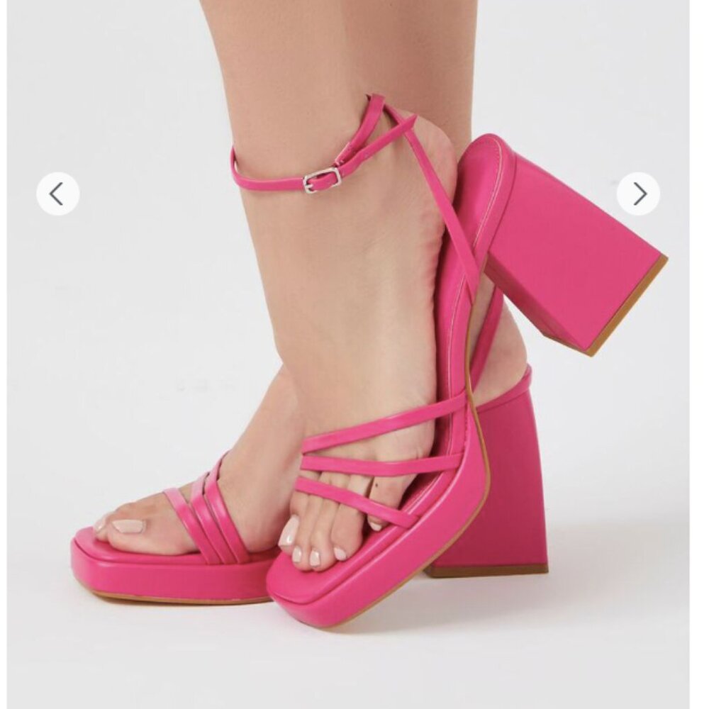 Bright Pink Strappy Block Heels Sandals